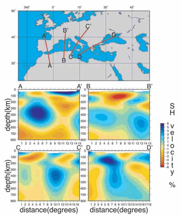 Визуализация глубинной структуры Средиземноморья методом томографии на поверхностных волнах.